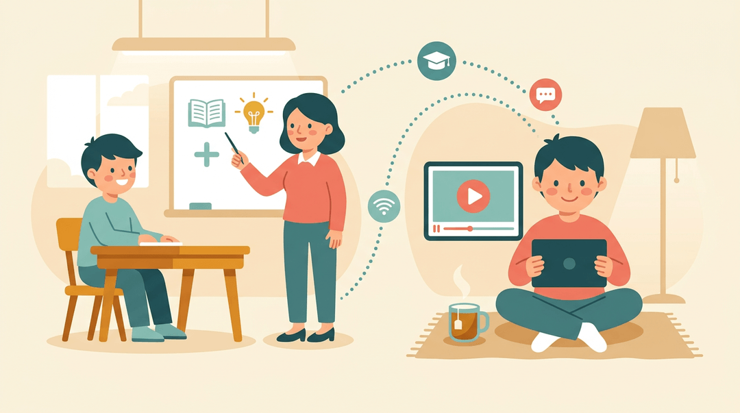 A student transitions from a classroom to home learning, connected by a ribbon of icons symbolizing blended education.