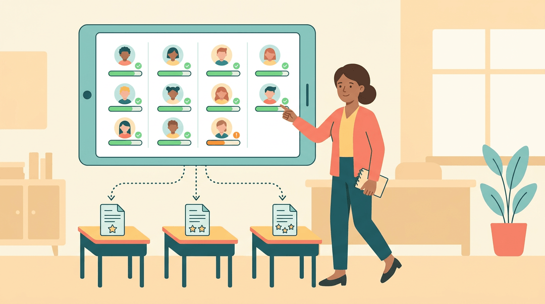 A teacher approaches a student's desk while a dashboard shows adaptive learning paths and progress bars.