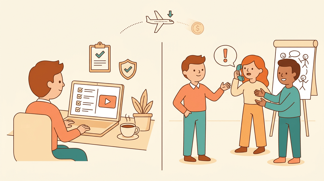 A split scene shows an employee completing remote compliance training at home versus engaging in interactive office role-play, symbolizing cost-effective learning.