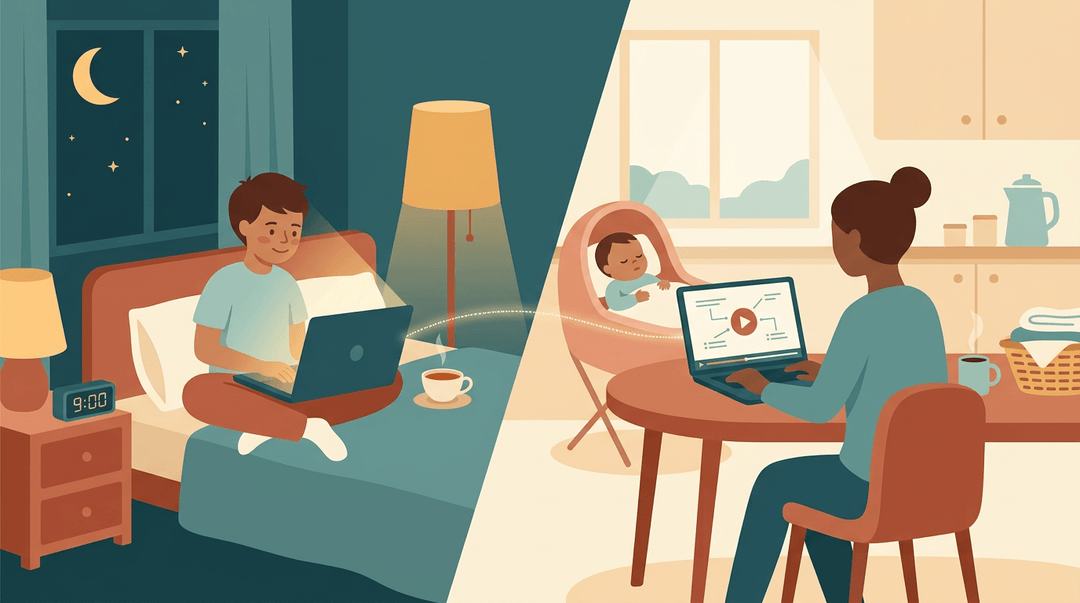 Split scene showing a student and parent accessing the same paused lesson on laptops at night and during the day, connected by a glowing thread.