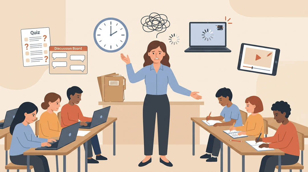 An overwhelmed teacher manages a split classroom of online and offline students amidst floating digital icons.