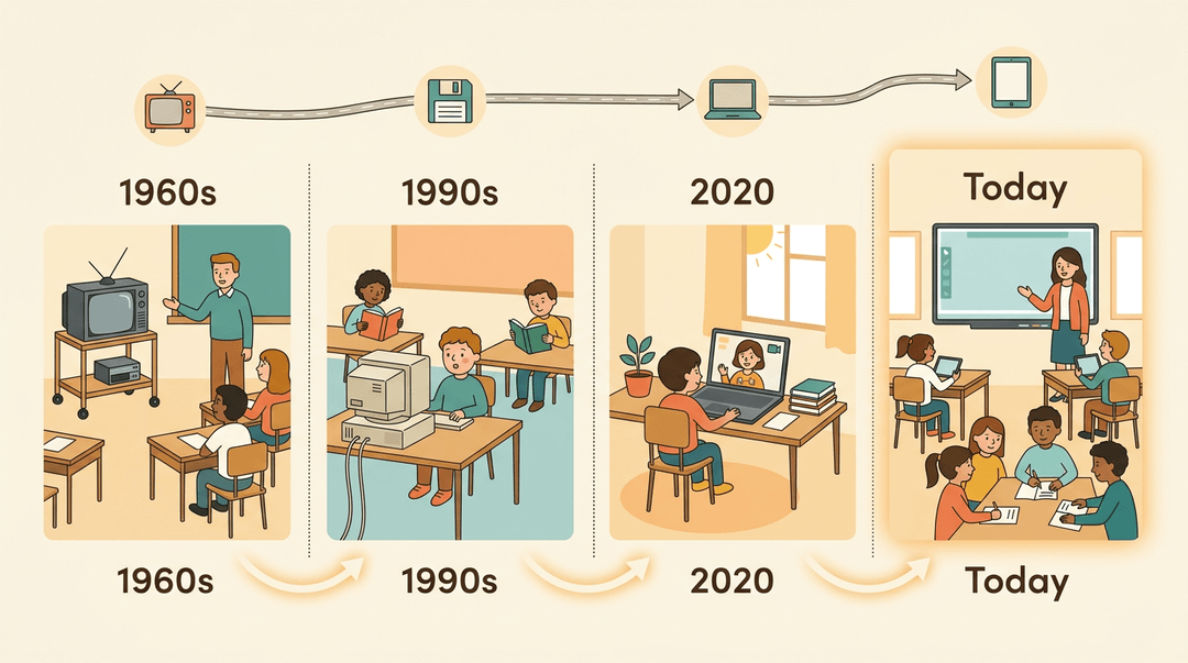 Timeline showing classroom tech evolution from 1960s TV to today's blended learning with interactive screens and tablets.