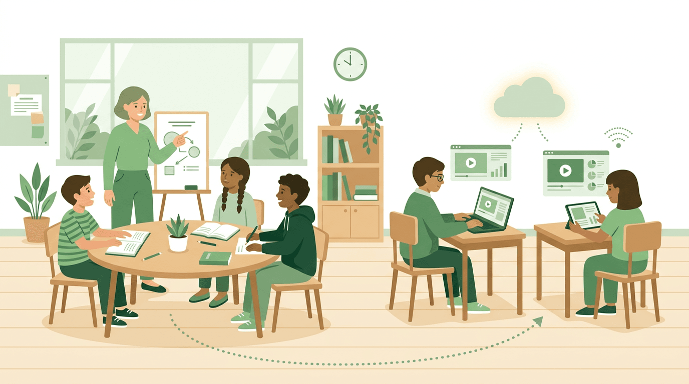 Flat green illustration blending in-person and digital learning with students at a table and desks connected by a dotted line.
