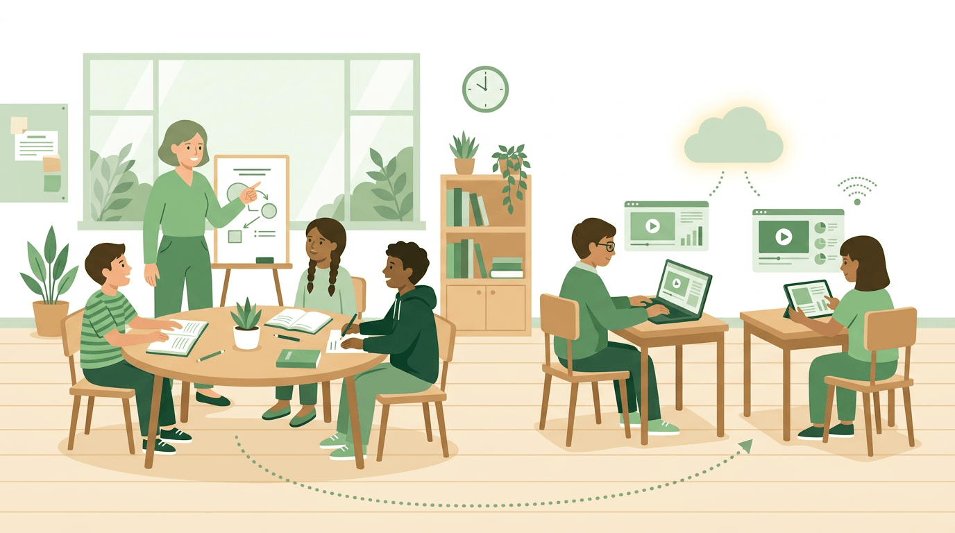 Flat green illustration blending in-person and digital learning with students at a table and desks connected by a dotted line.
