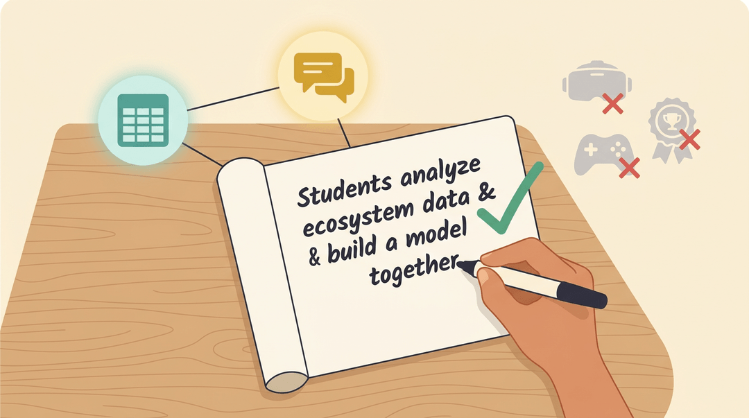 Hand writes a goal on a notepad, with selected tools nearby and unused tech faded in background.