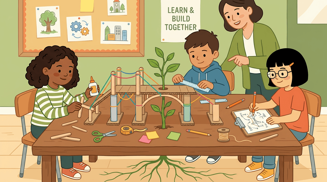 Three students build a bridge with craft sticks near a sprout, symbolizing learning, while a teacher encourages them.
