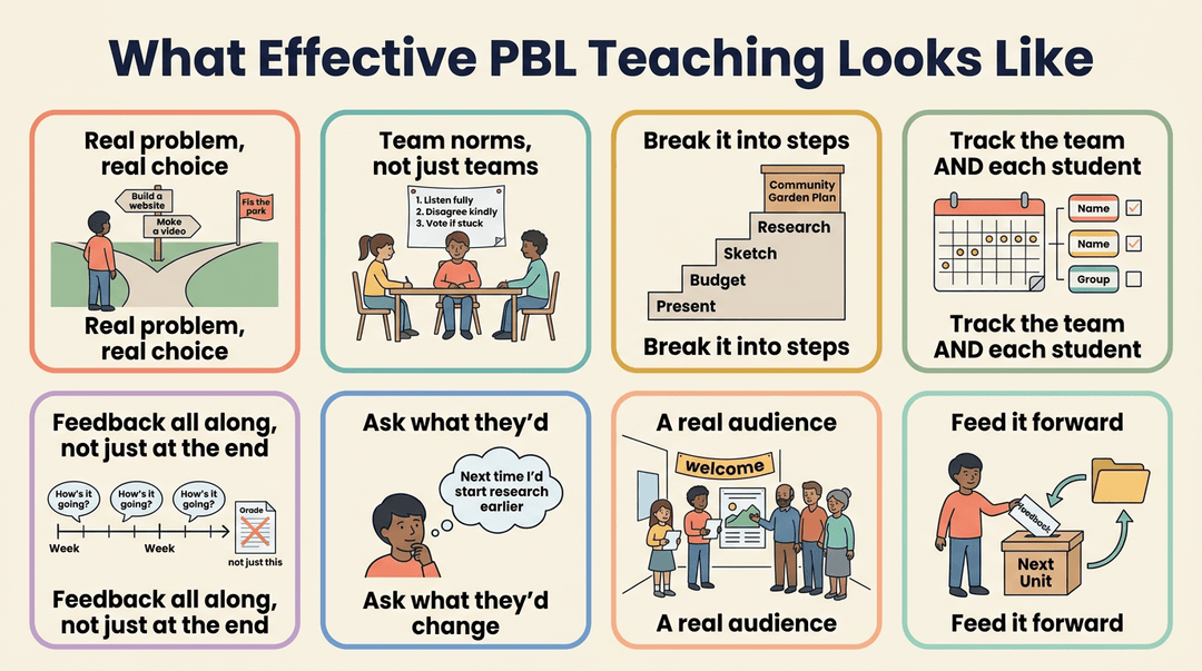 Educational infographic showing 8 key PBL habits: real choices, team norms, steps, assessments, feedback, reflection, audience, and iteration.