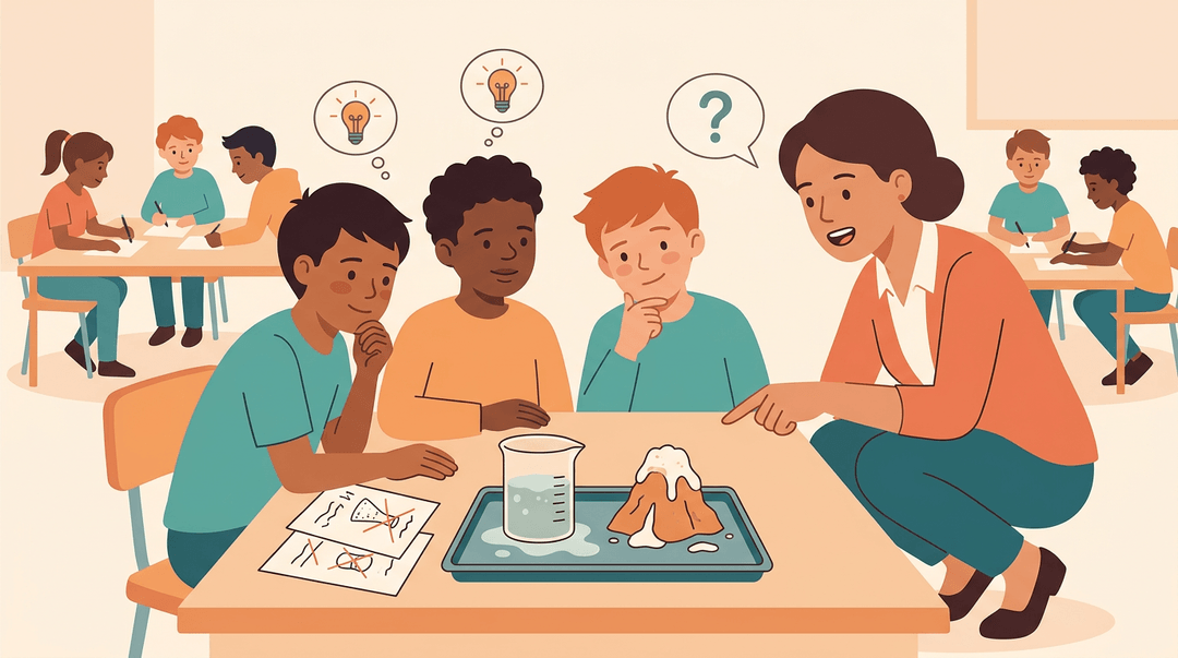 Teacher crouches with students at a messy science table, encouraging curiosity over traditional lecturing.