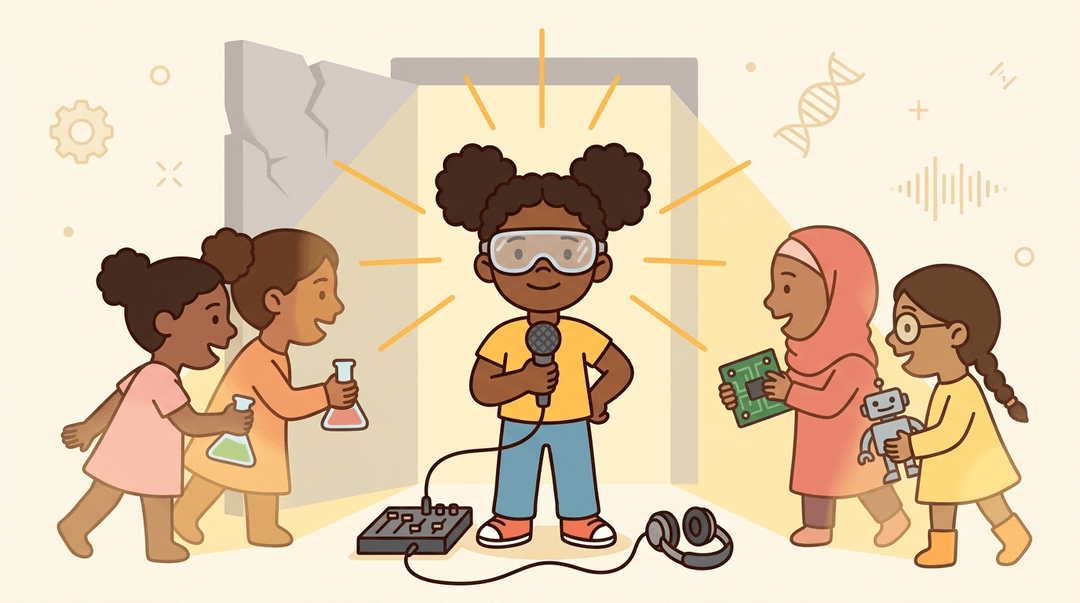 A young Black girl with curly hair hosts a podcast while diverse peers hold science tools, symbolizing accessible STEM opportunities.