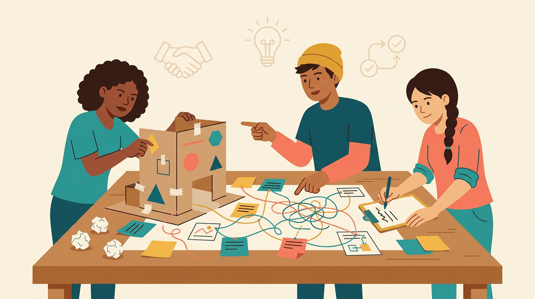 Teenagers collaborate on a messy brainstorming project with sticky notes and models, showcasing teamwork and initiative.
