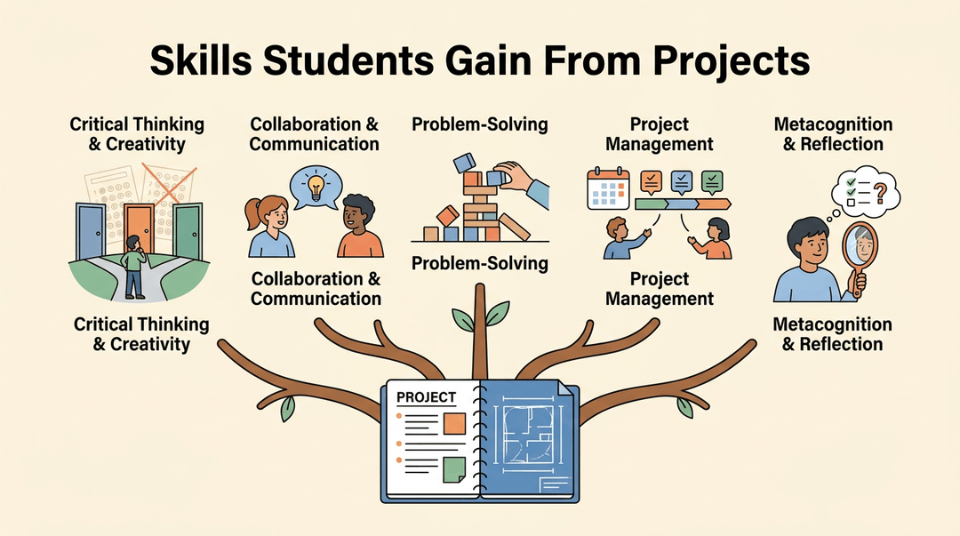 A blueprint tree shows how projects build skills: critical thinking, collaboration, problem-solving, management, and reflection via mini-scenes.