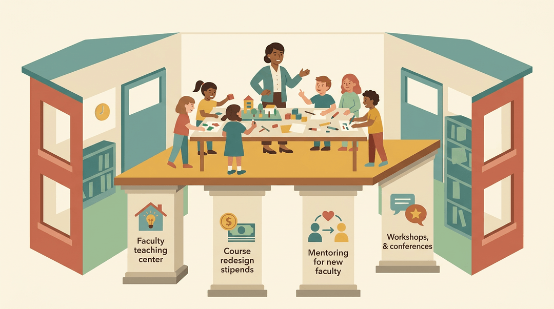 Cross-section of a school shows a teacher supported by pillars for training and funding, leading students in a collaborative project.