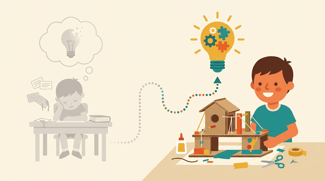 Illustration contrasts dull rote memorization on the left with vibrant hands-on construction on the right, showing learning through building.