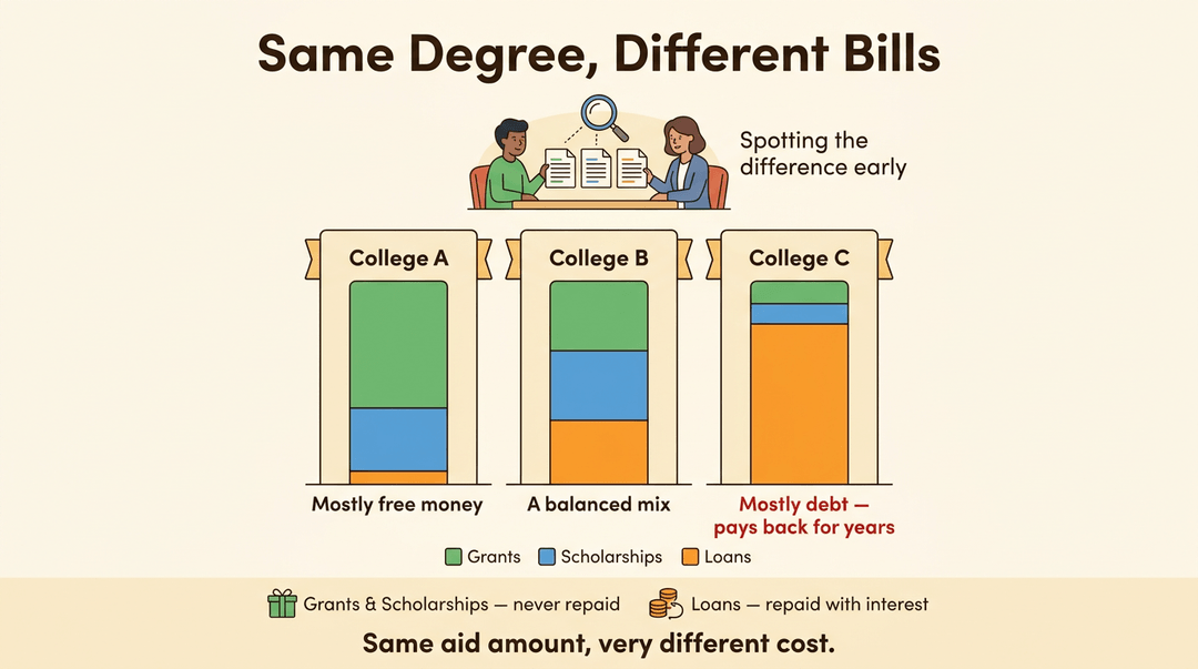 Chart comparing college aid packages showing grants, scholarships, and loans to highlight debt differences.