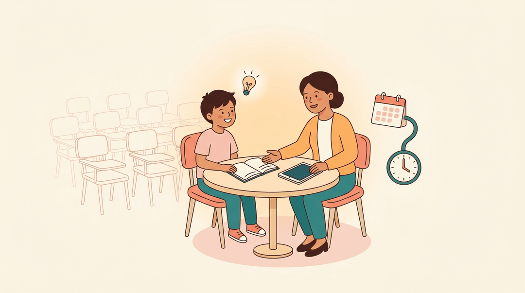 Tutor and student at a table with a lightbulb icon, showing personalized learning away from a crowded classroom.