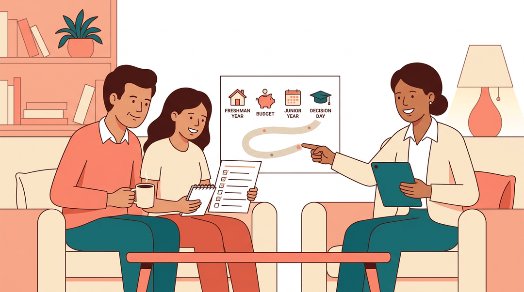 Adviser guides a family through high school milestones on a checklist, symbolizing steady college prep progress.
