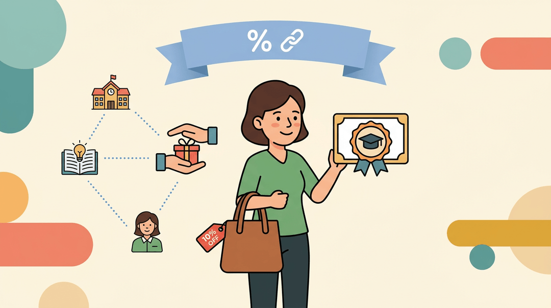 Teacher holds a discount bag near a partnership badge, surrounded by icons of rewards and connections.