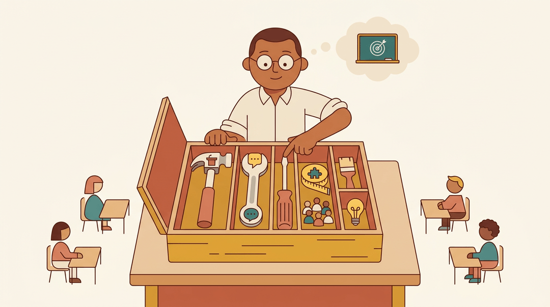 A teacher selects from symbolic tools in a toolbox, representing different teaching methods for diverse learners.