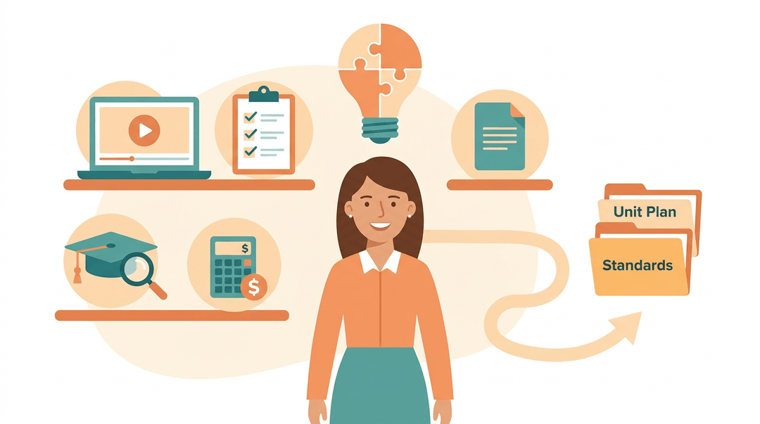 A teacher stands surrounded by icons for webinars, checklists, college search, and cost tools, with a lightbulb above her head.