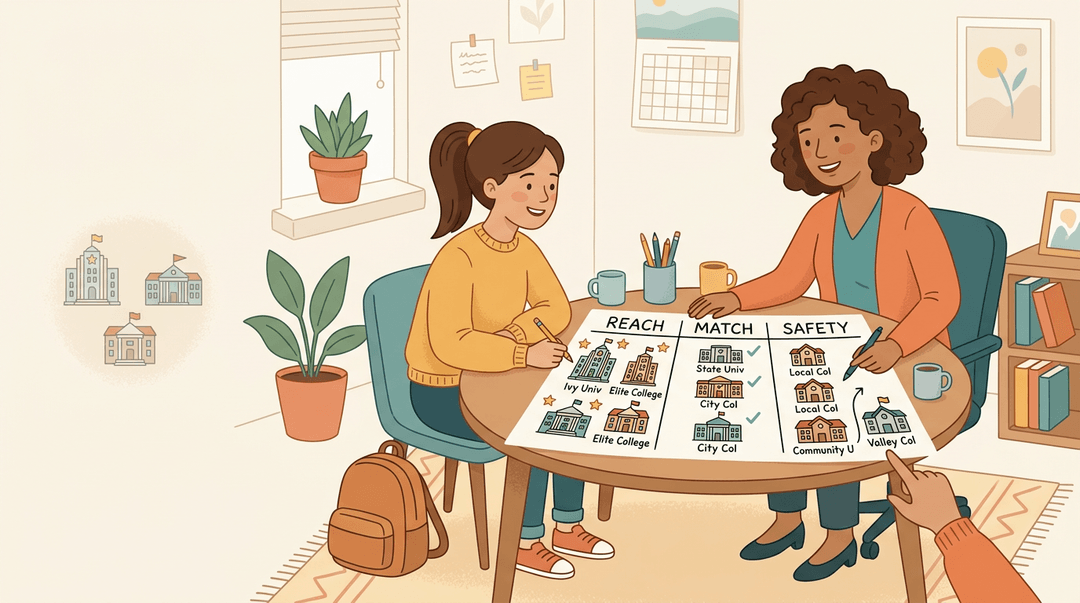 A counselor and student expand a college list on paper, adding new options beyond the familiar schools.