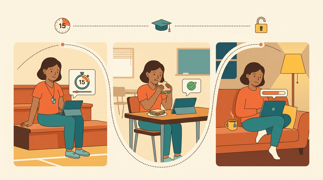 A teacher learns on a tablet during practice, lunch, and at home, showing flexible education fitting into a busy life.