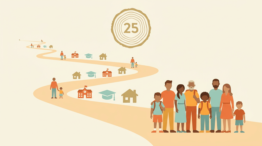 A winding path widens from distant icons to a diverse group in the foreground, symbolizing 25 years of educational growth.