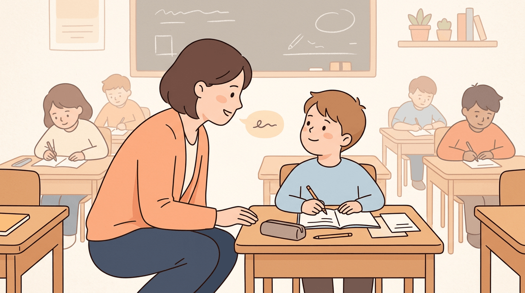 Teacher kneels to speak quietly with a calm student, emphasizing trust and gentle guidance in a peaceful classroom.