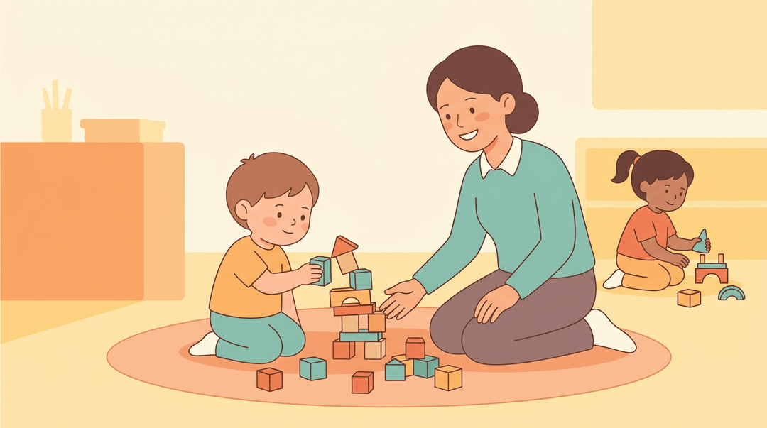 A teacher kneels beside a child rebuilding a fallen block tower, illustrating calm collaboration and responsibility.