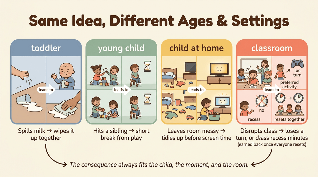 Four panels show natural consequences for toddler, child, and classroom behaviors to help teachers understand age-appropriate discipline.