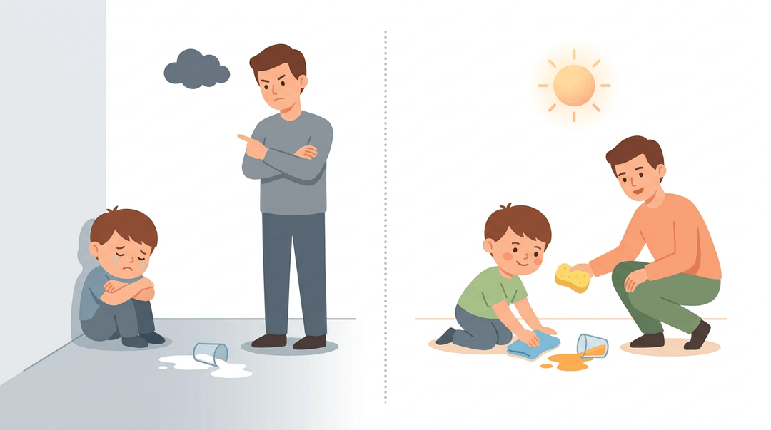 Contrasting panels show a child shamed for a spill versus supported in cleaning it up with an adult.