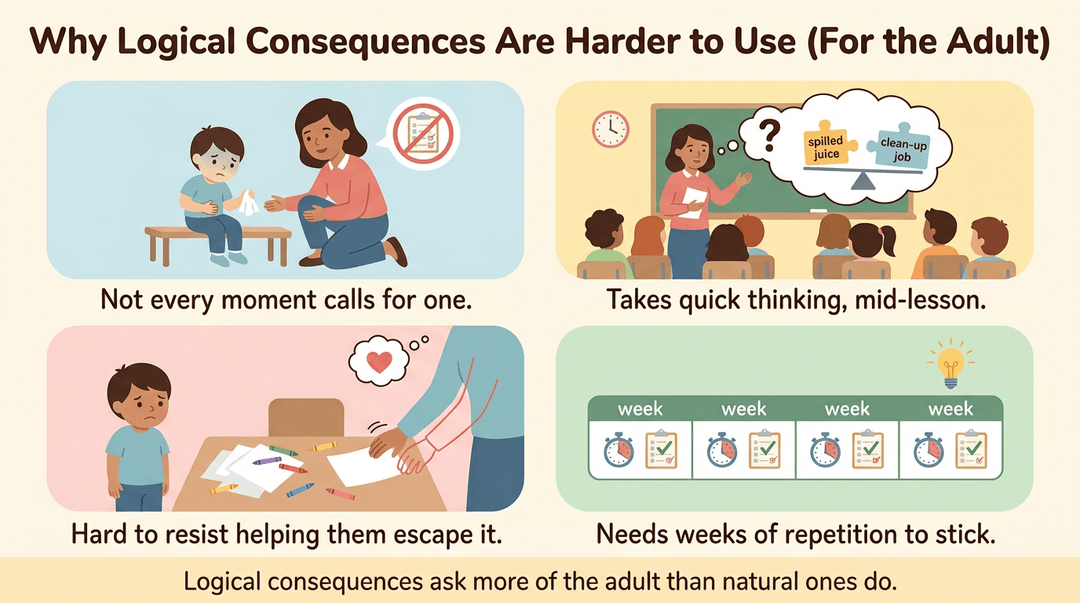 Illustration showing four reasons logical consequences are hard for adults: skipping them, quick thinking needed, rescuing kids, and repetition required.