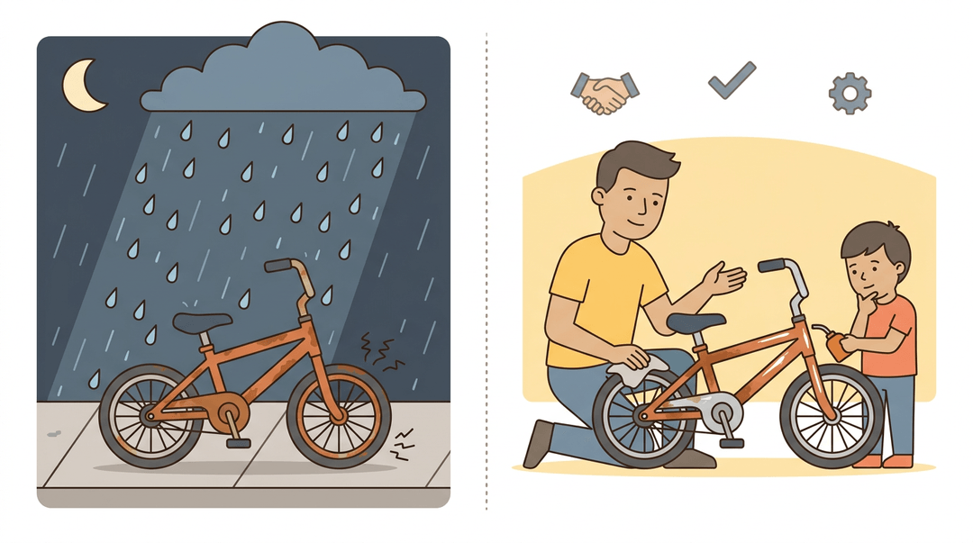 Side-by-side panels show a rusty bike left in rain versus an adult and child fixing it together, illustrating intentional care over accidental neglect.