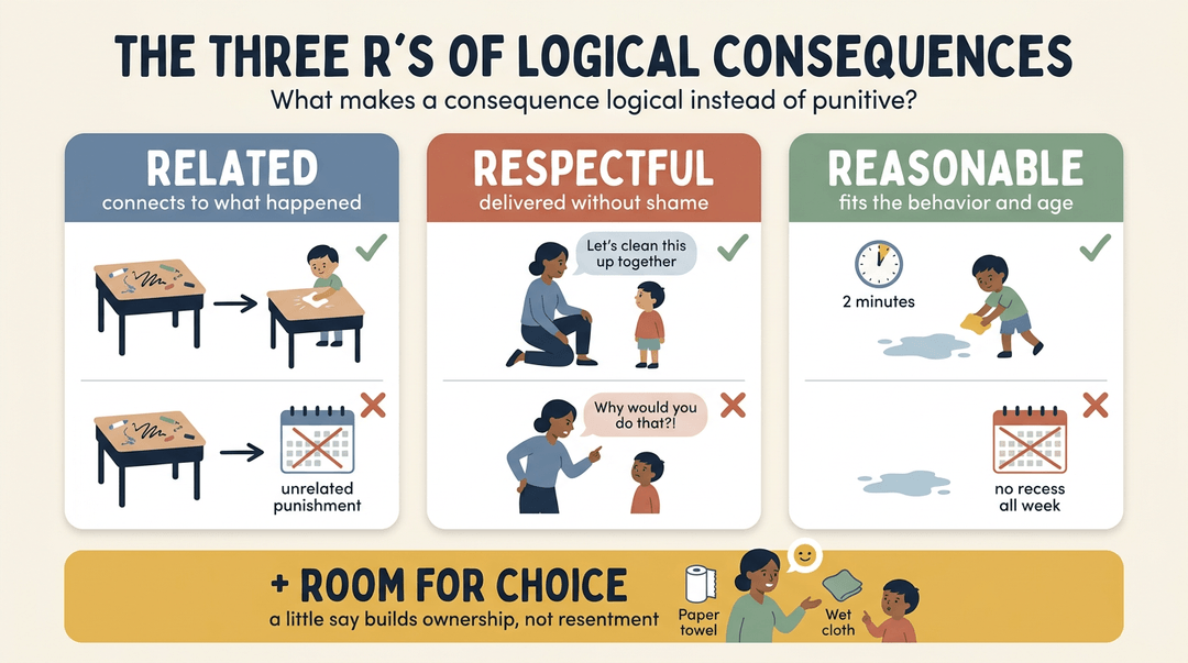 Poster showing three logical consequence principles: related, respectful, and reasonable, plus room for choice.