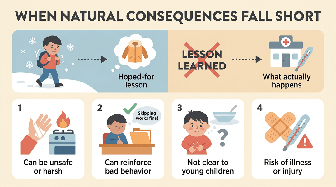 Infographic showing how natural consequences like no coat or missing homework fail to teach lessons, often causing harm or reinforcing bad behavior.