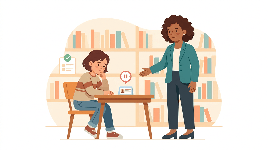 A student reflects at a library table with an unavailable pass while a teacher offers gentle encouragement nearby.