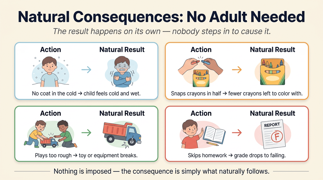 An infographic illustrating natural consequences with four examples like getting cold without a coat or breaking toys through rough play.
