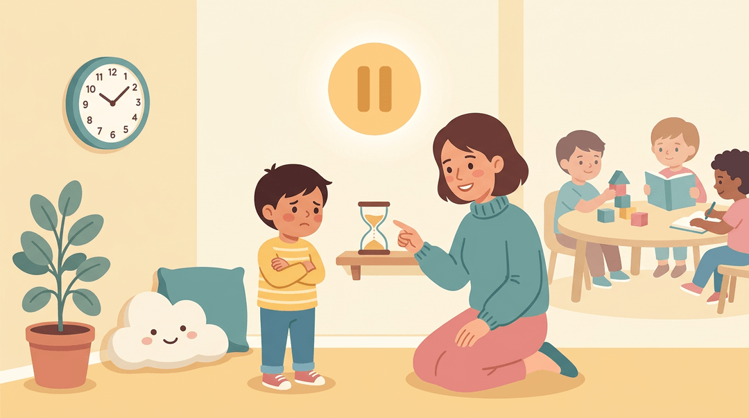 A teacher helps a calm child use an hourglass timer in a cozy classroom corner, illustrating gentle emotional regulation.