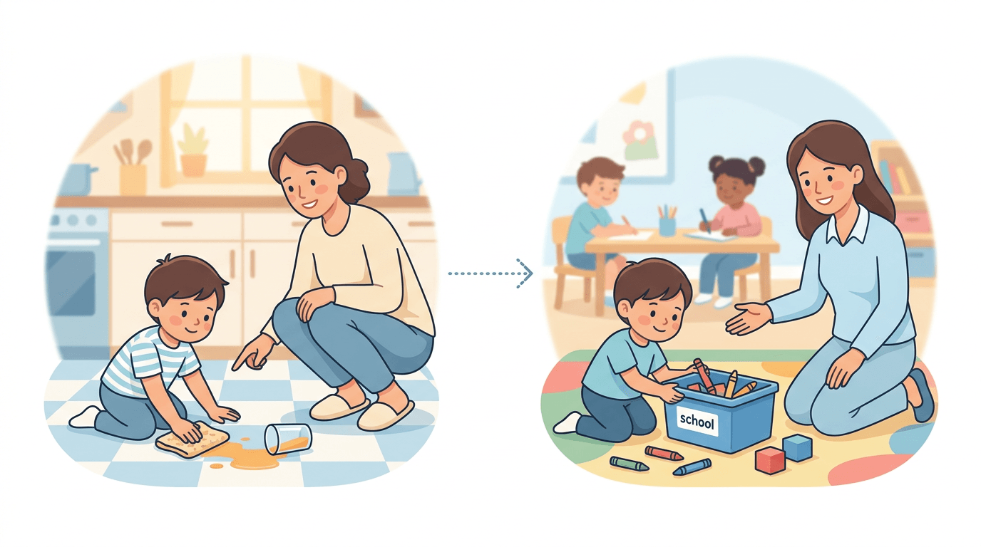 A child cleans up a spill at home and then tidies toys in class, showing how natural consequences teach responsibility.