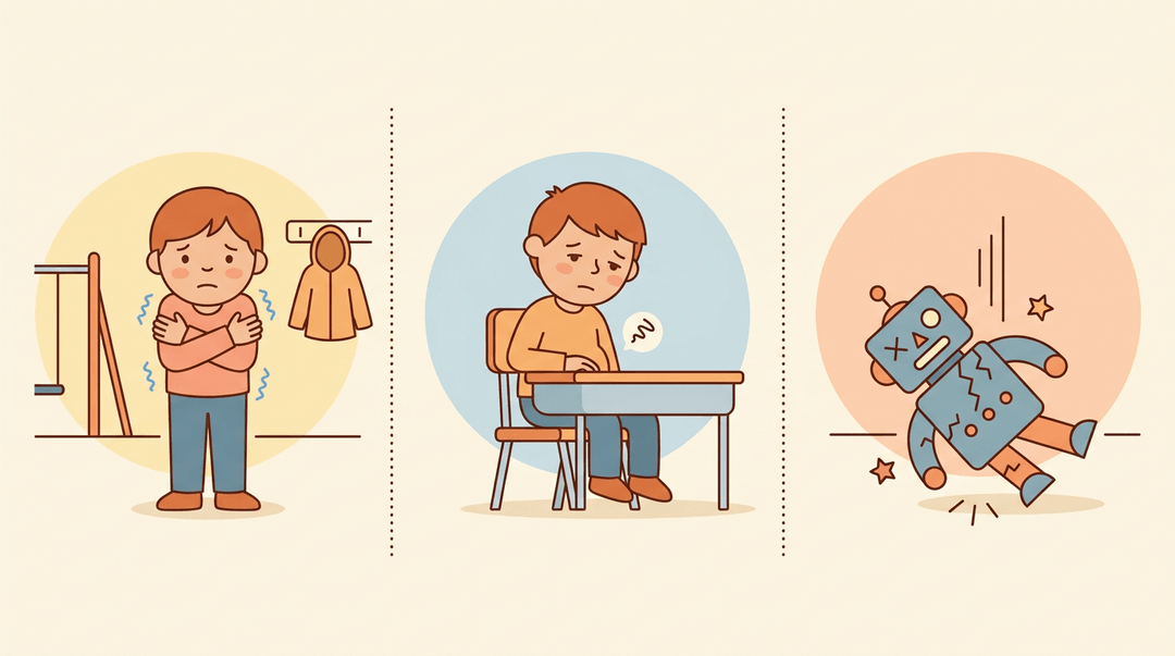 Three vignettes show a shivering child, a hungry student, and a broken toy to illustrate natural consequences.