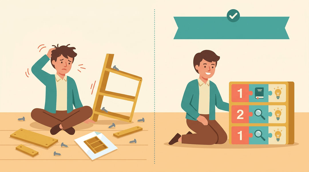 Contrasting panels show a frustrated teacher with scattered furniture parts versus a confident teacher with clearly organized, labeled learning blocks.