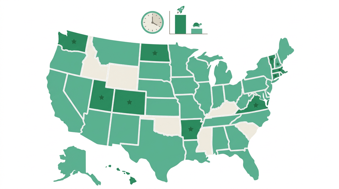 A map of the US shows states with different levels of science standard adoption, with icons above representing varying paces of rollout.