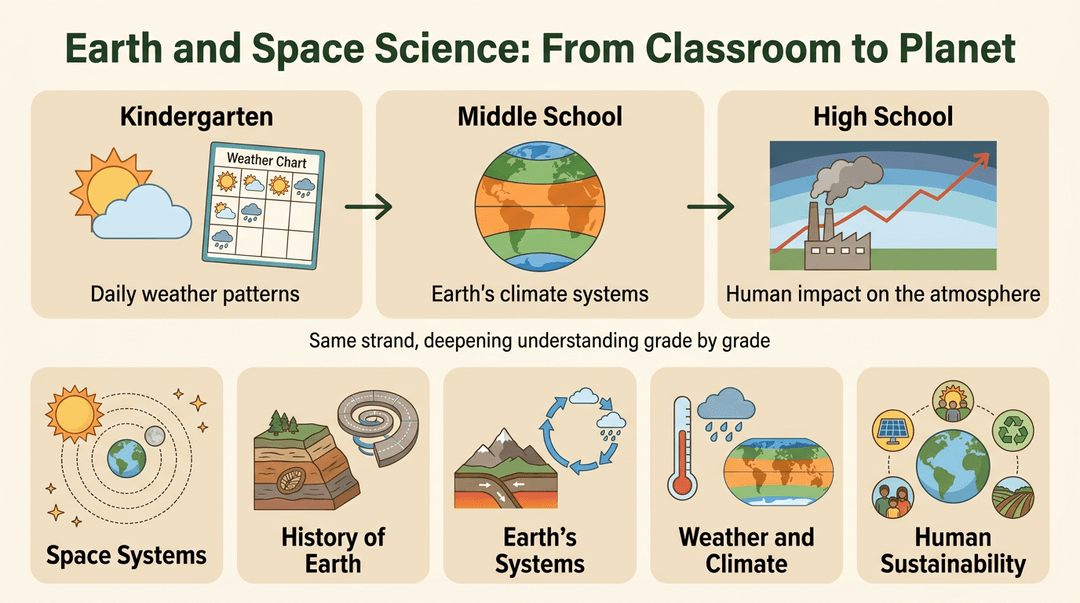 An infographic shows science topics progressing from kindergarten to high school, and five cards for Earth and Space Science.