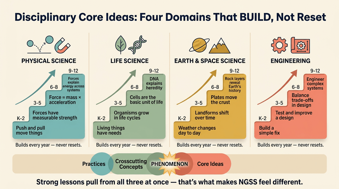 Four columns show educational concepts in physical science, life science, earth and space science, and engineering, demonstrating increasing complexity through grade levels.