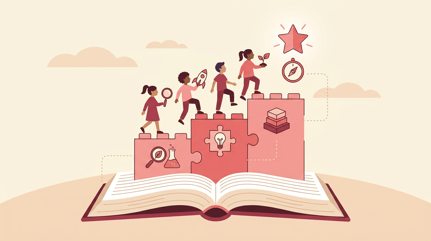 Students climb a staircase of science concepts from a book towards a glowing star, representing educational progress.