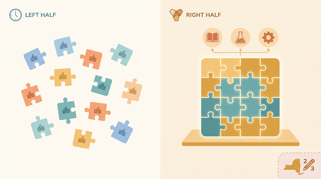 Two contrasting halves show scattered puzzle pieces on the left and unified pieces forming a base with icons on the right.