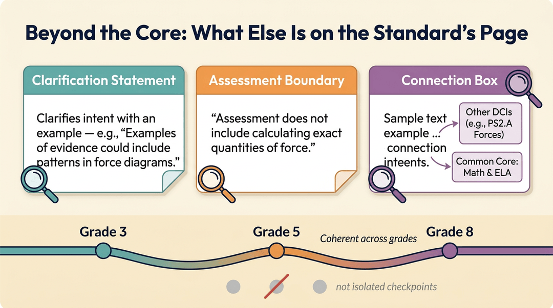 An infographic explains parts of a science standard, showing clarification, assessment boundary, and connection examples.