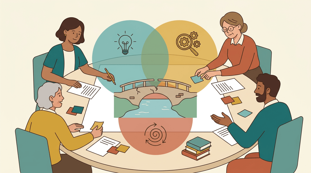 Three teachers collaboratively examine a diagram of a cracked bridge overlaid with three interlocking, icon-filled circles.