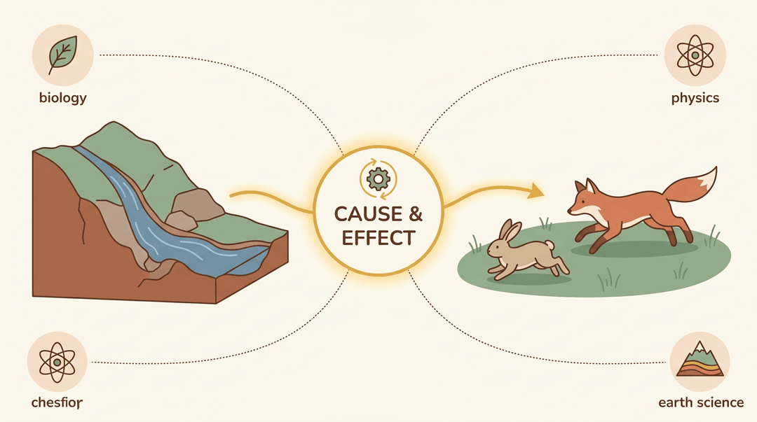 Two science scenes, erosion and predator-prey, linked by a