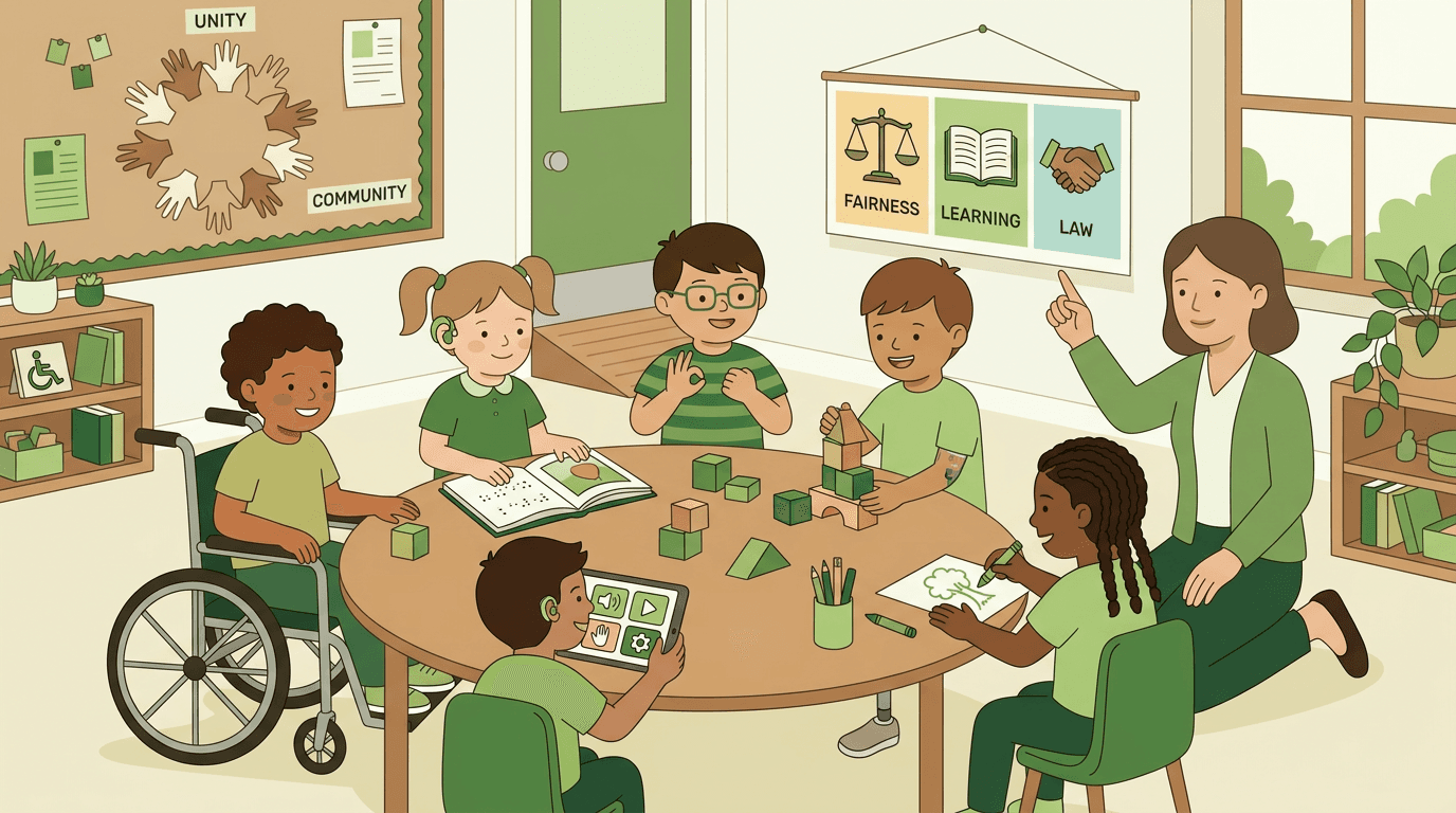 Diverse students including those with disabilities collaborate at a table while a teacher points to symbols of fairness and unity.