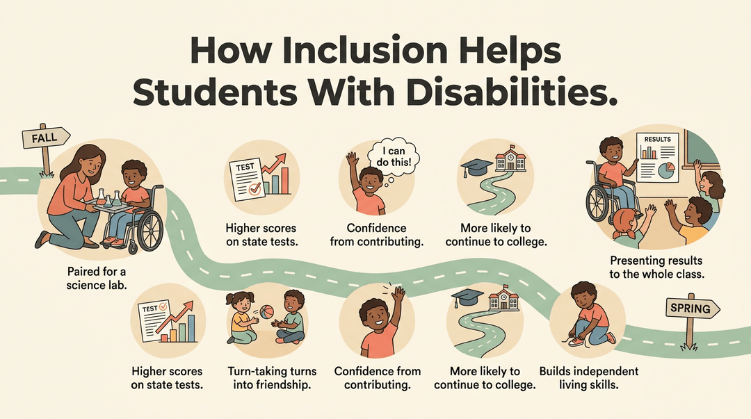 Infographic timeline showing a student's growth from science lab to presenting results, highlighting five inclusion benefits like higher scores and independence.